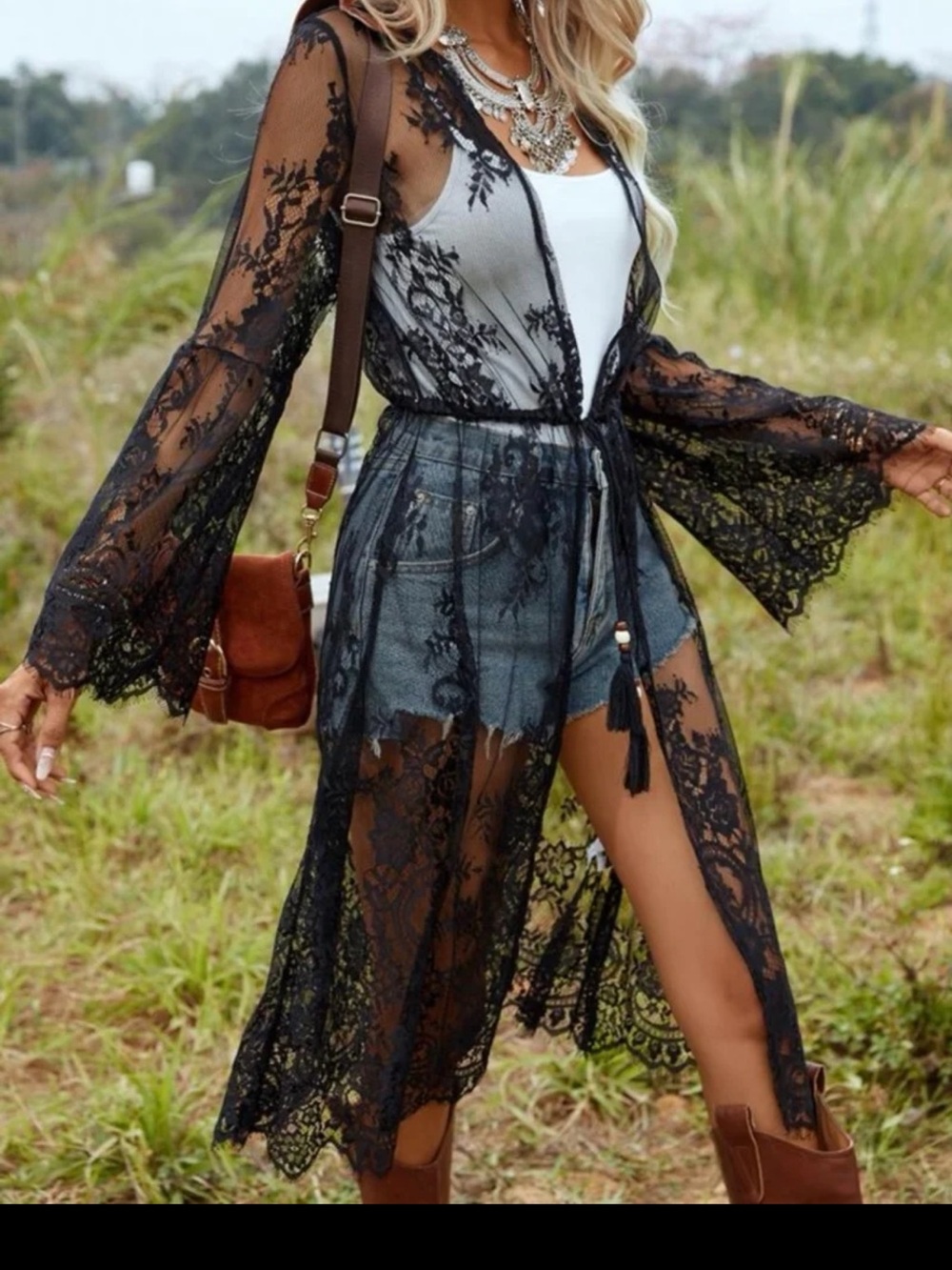 Sheer Black Lace Swim Cover-Up Kimono